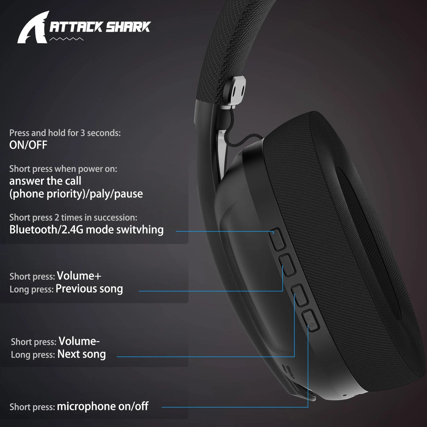 ATTACK SHARK L80 180g Ultra-Light Gaming Headset, Pluggable Microphone, Wired/Bluetooth/2.4G Wireless, 5.1 Channel Stereo Sound